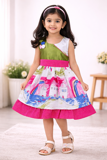 Girls Green & White Printed Cotton Dress with Polka Dot Ruffle Hem