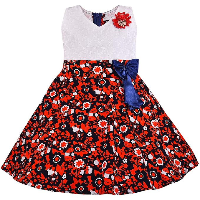 Girls White & Red Floral Cotton Dress with Navy Satin Bow