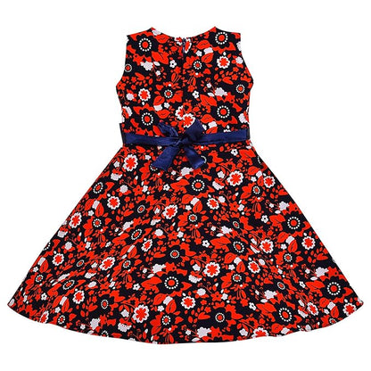 Girls White & Red Floral Cotton Dress with Navy Satin Bow