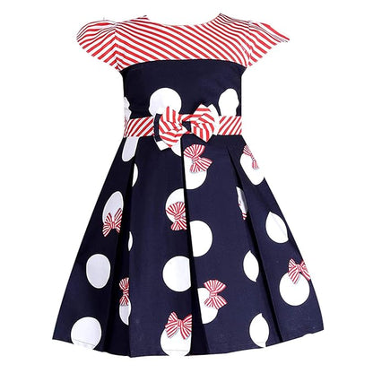 Girls Navy Blue Polka Dot Cotton Dress with Red Stripe Bow Belt