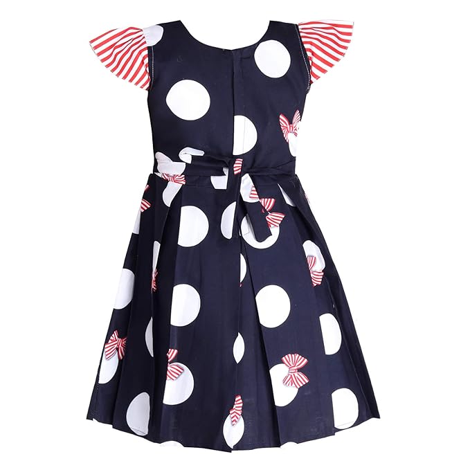 Girls Navy Blue Polka Dot Cotton Dress with Red Stripe Bow Belt