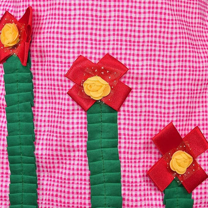 Girls Checked Cotton Dress with Floral Appliqué Detail