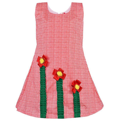 Girls Checked Cotton Dress with Floral Appliqué Detail
