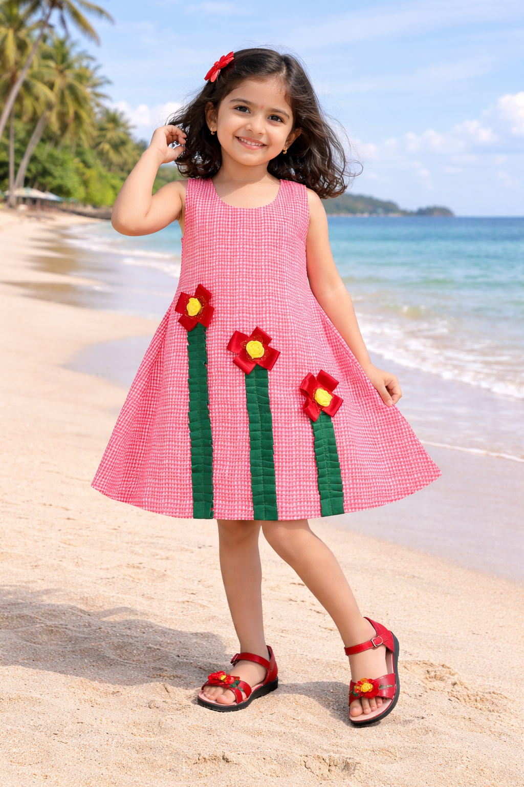 Girls Checked Cotton Dress with Floral Appliqué Detail
