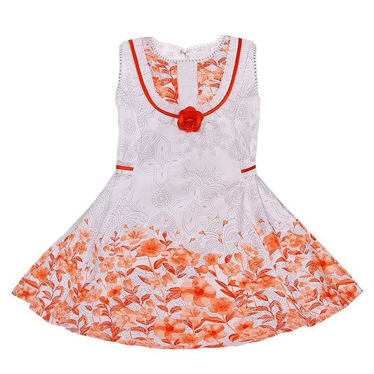Girls Floral Printed Cotton Dress with Decorative Flower Accent