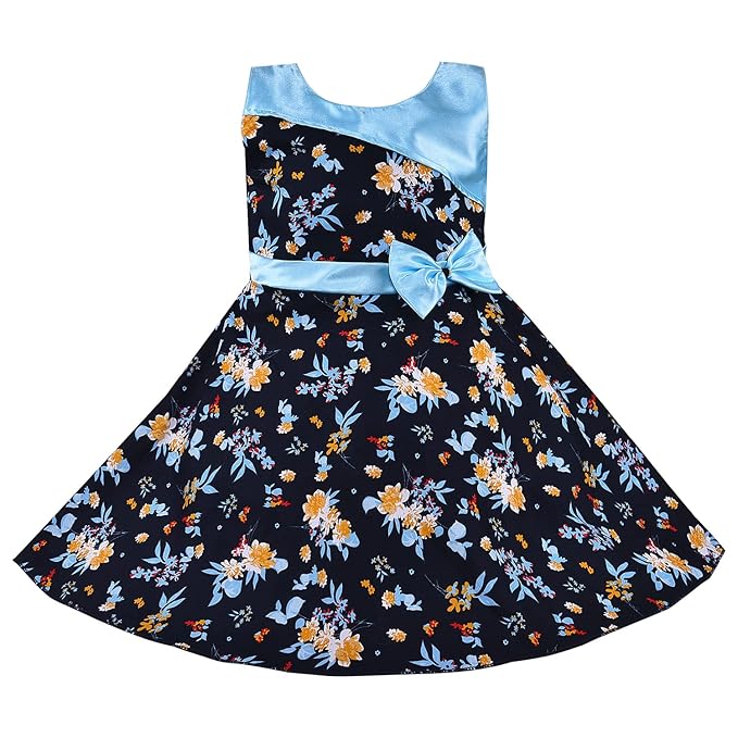 Girls Floral Cotton Dress with Sky Blue Bow & Satin Panel