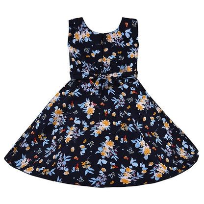 Girls Floral Cotton Dress with Sky Blue Bow & Satin Panel