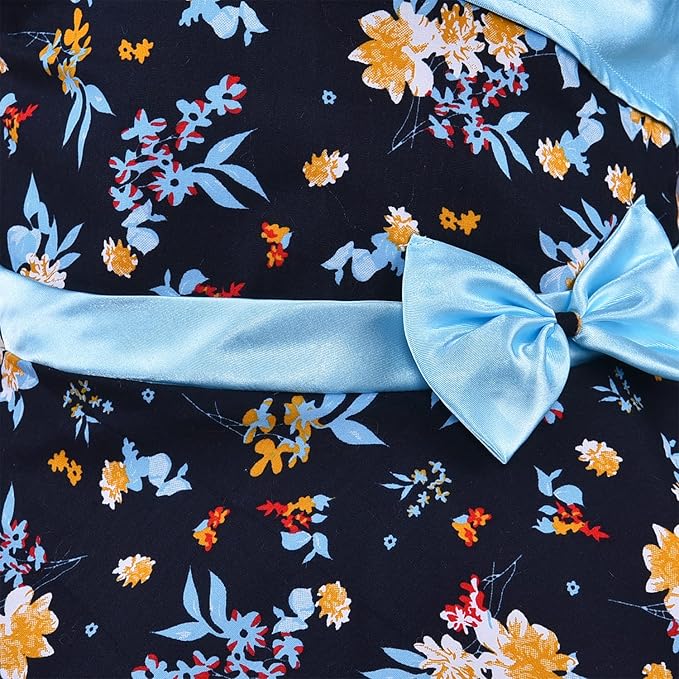 Girls Floral Cotton Dress with Sky Blue Bow & Satin Panel