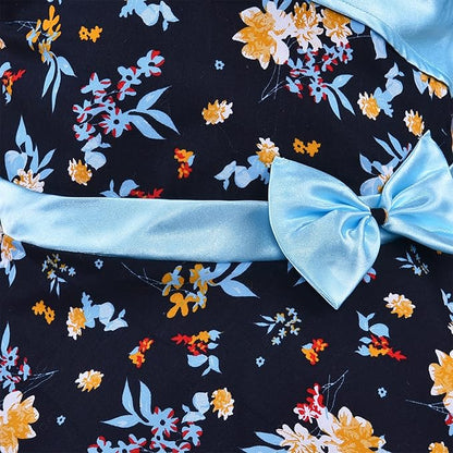 Girls Floral Cotton Dress with Sky Blue Bow & Satin Panel