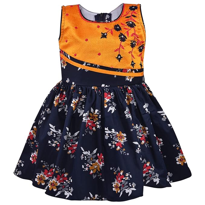 Girls Floral Cotton Dress with Sky Blue Bow & Satin Panel