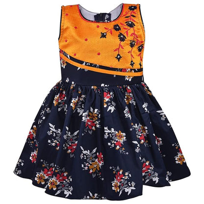 Girls Floral Cotton Dress with Sky Blue Bow & Satin Panel