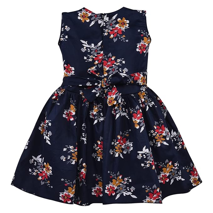 Girls Floral Cotton Dress with Sky Blue Bow & Satin Panel