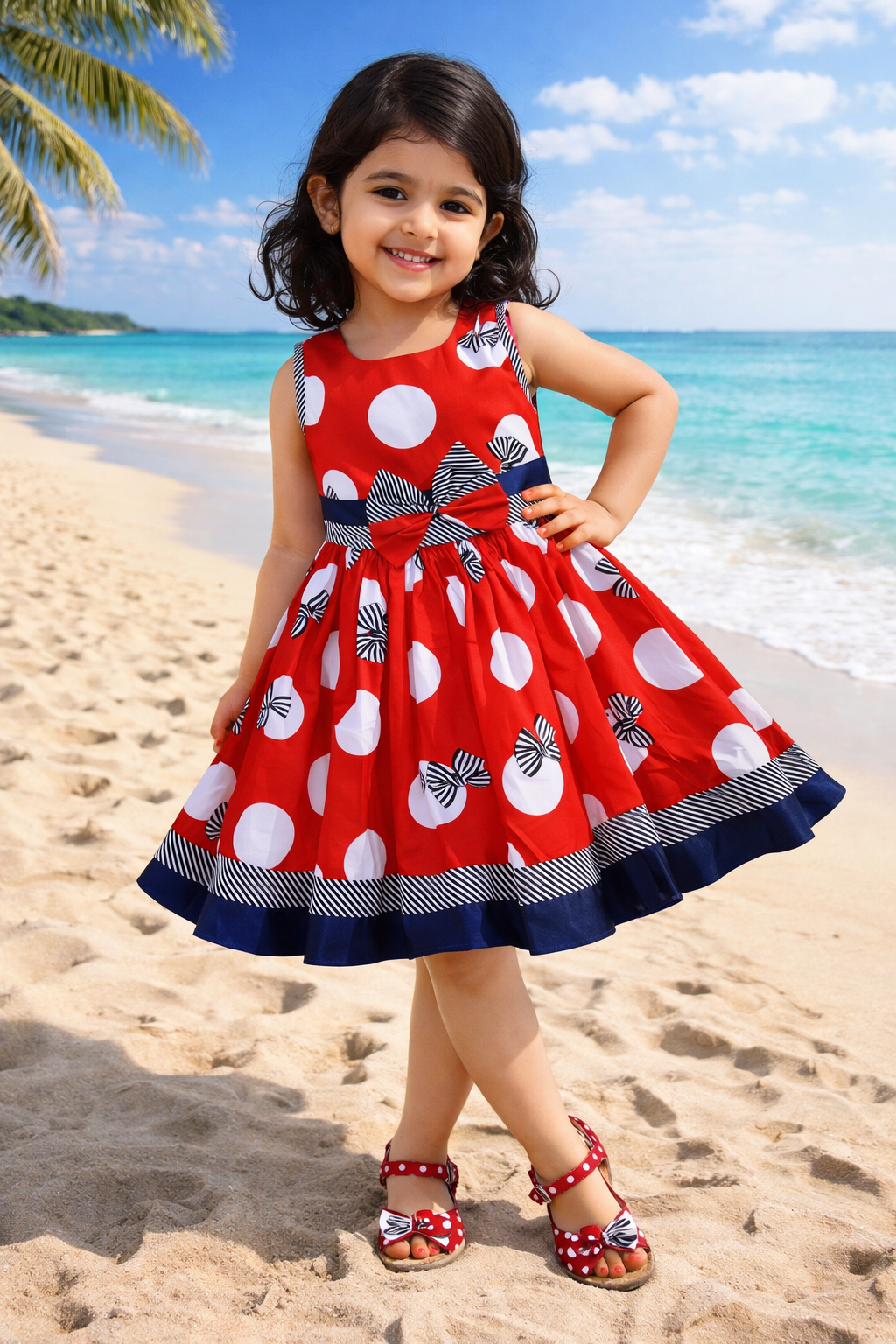 Girls Red Polka Dot Cotton Sleeveless Party Dress