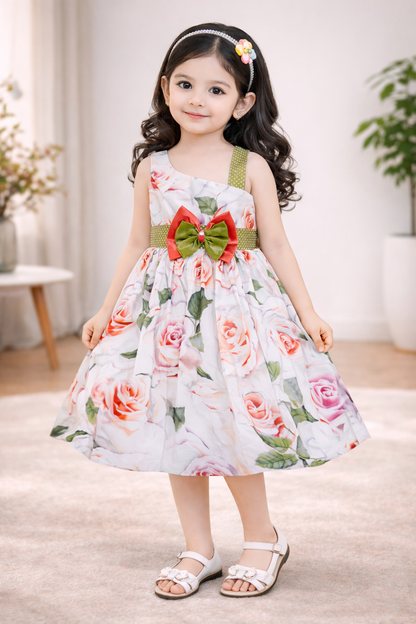 Girls Pure Cotton Pink Rose One-Shoulder Dress