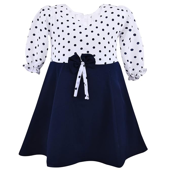Girls Cotton Polka Dot A-Line Dress with Puff Sleeves and Bow Detail