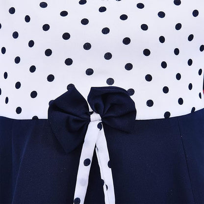 Girls Cotton Polka Dot A-Line Dress with Puff Sleeves and Bow Detail
