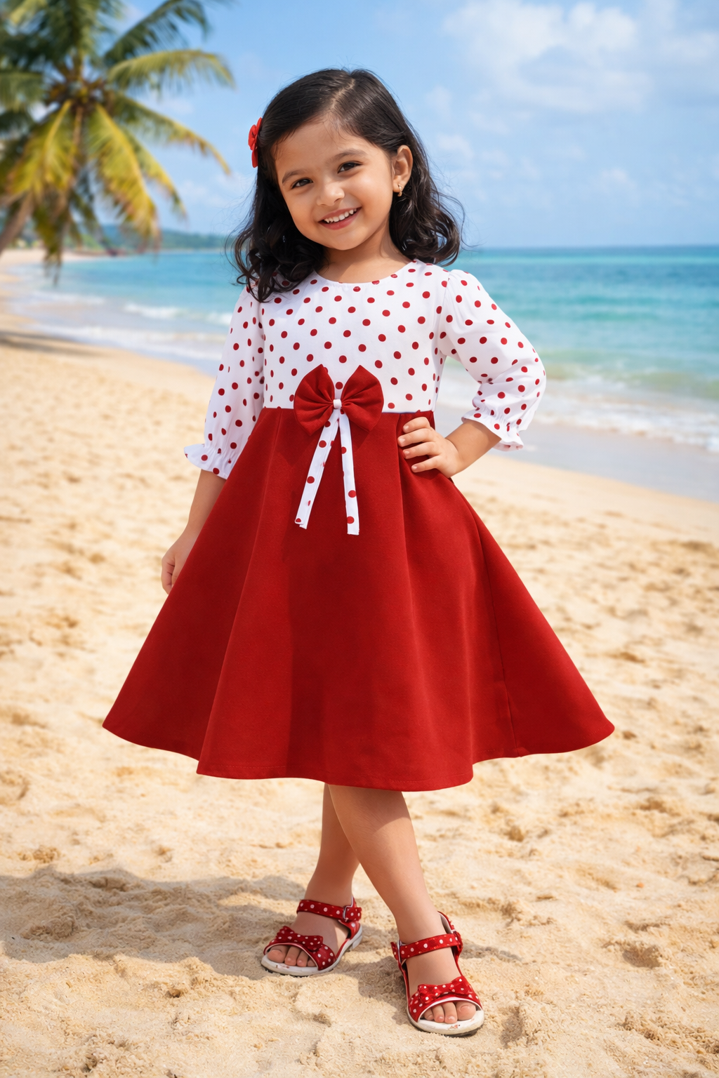 Girls Cotton Polka Dot A-Line Dress with Puff Sleeves and Bow Detail