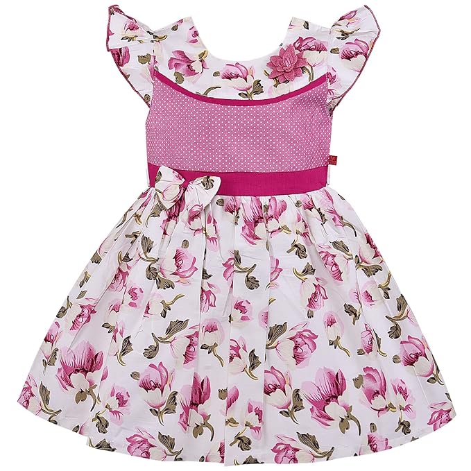 Girls Pink Floral Printed Cotton Dress with Ruffle Sleeves & Waist Bow