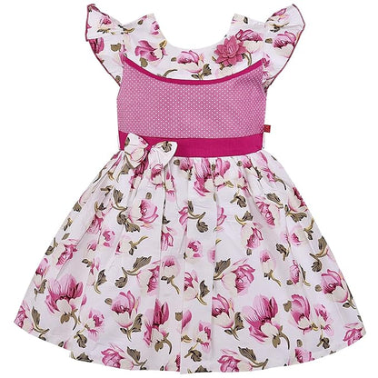 Girls Pink Floral Printed Cotton Dress with Ruffle Sleeves & Waist Bow