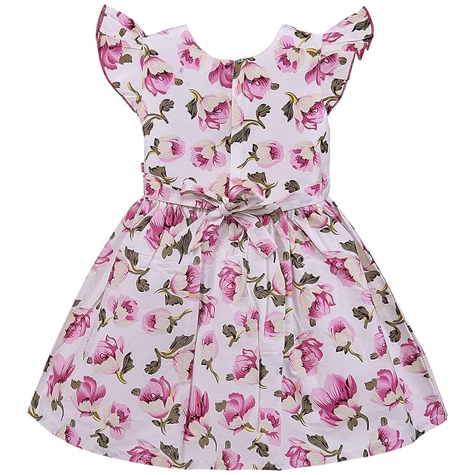 Girls Pink Floral Printed Cotton Dress with Ruffle Sleeves & Waist Bow