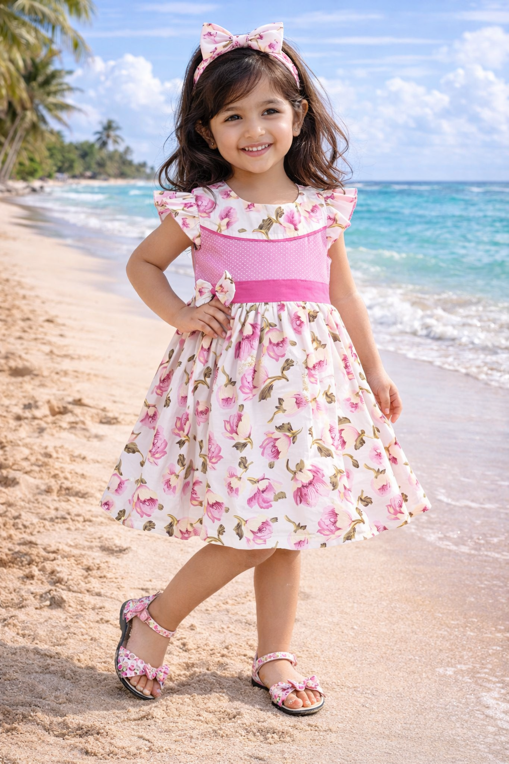 Girls Pink Floral Printed Cotton Dress with Ruffle Sleeves & Waist Bow
