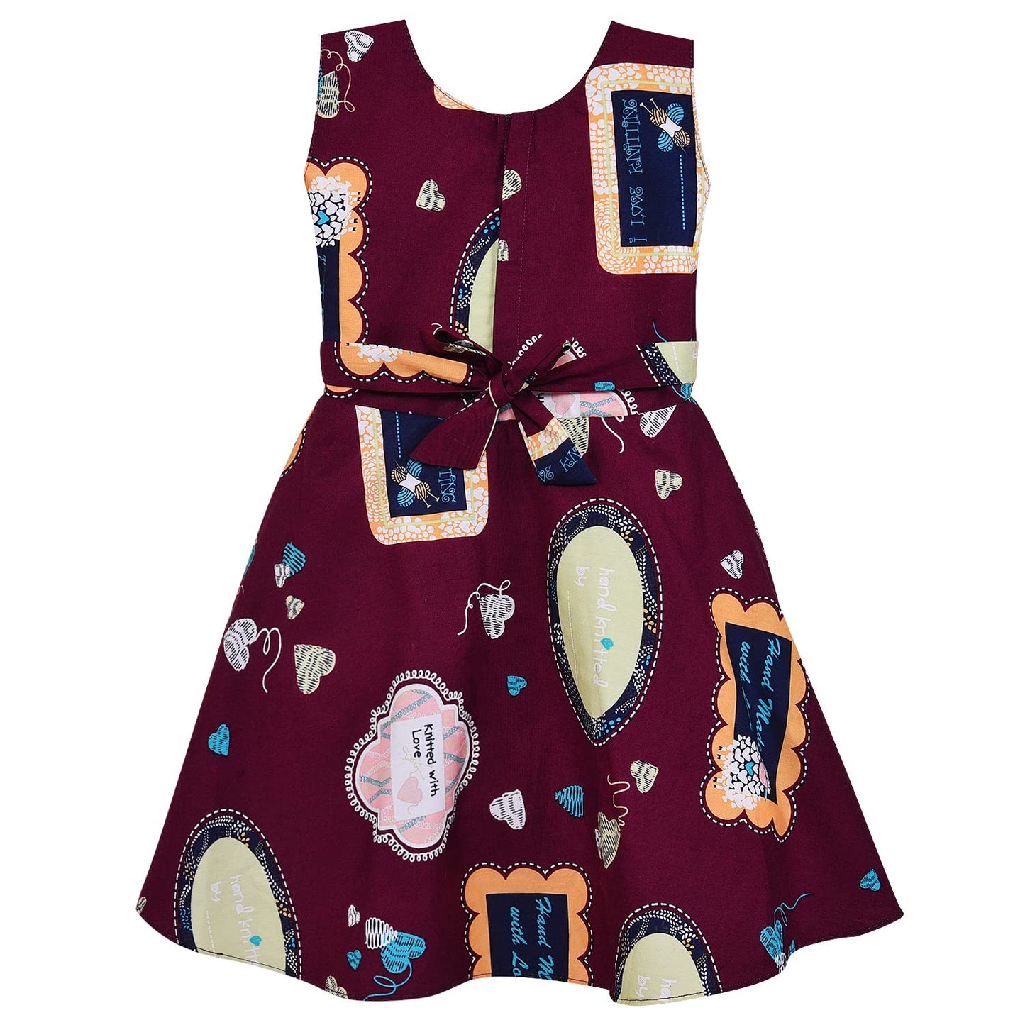 Girls Maroon Printed Cotton Dress with Asymmetrical Panel & Floral Accent
