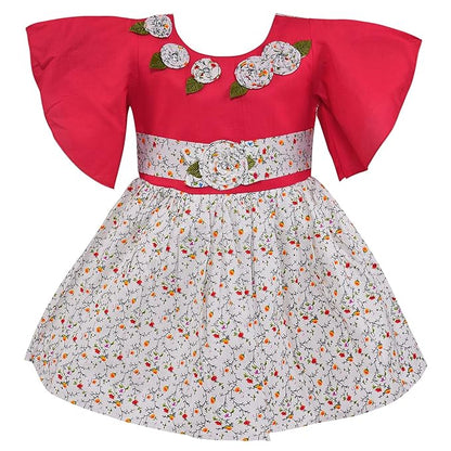 Girls Cotton Floral Printed Dress with Bell Sleeves | Soft & Breathable Kids Casual Party Dress