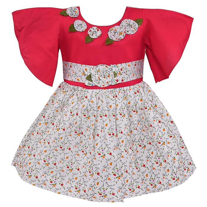 Girls Cotton Floral Printed Dress with Bell Sleeves | Soft & Breathable Kids Casual Party Dress