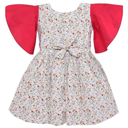 Girls Cotton Floral Printed Dress with Bell Sleeves | Soft & Breathable Kids Casual Party Dress