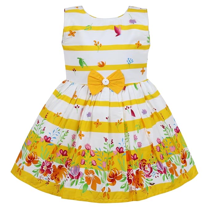 Girls Yellow & White Striped Floral Cotton Dress with Waist Bow
