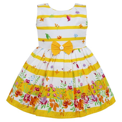 Girls Yellow & White Striped Floral Cotton Dress with Waist Bow