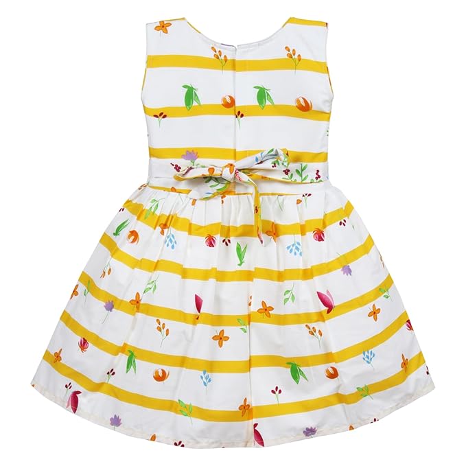 Girls Yellow & White Striped Floral Cotton Dress with Waist Bow