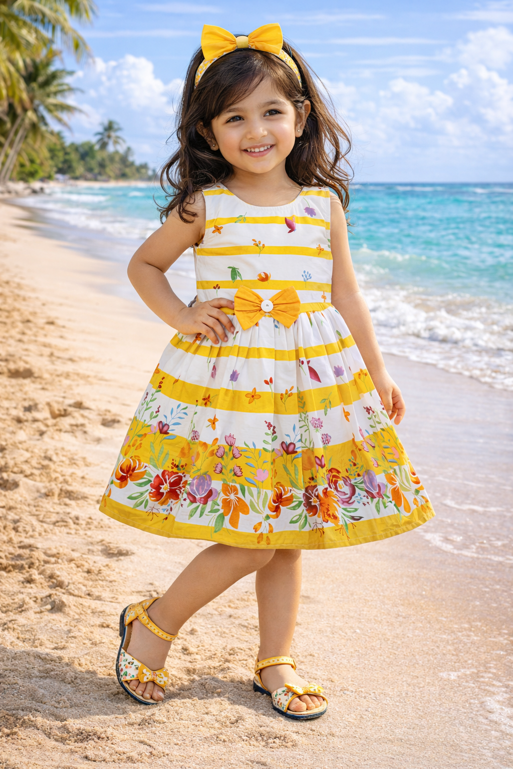 Girls Yellow & White Striped Floral Cotton Dress with Waist Bow