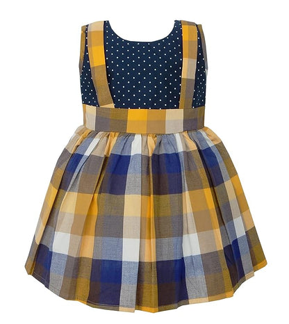 Girls Yellow & Blue Cotton Checkered Sleeveless Dress | Soft & Breathable Kids Casual Party Dress