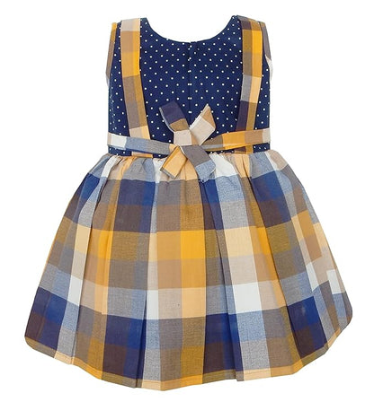 Girls Yellow & Blue Cotton Checkered Sleeveless Dress | Soft & Breathable Kids Casual Party Dress