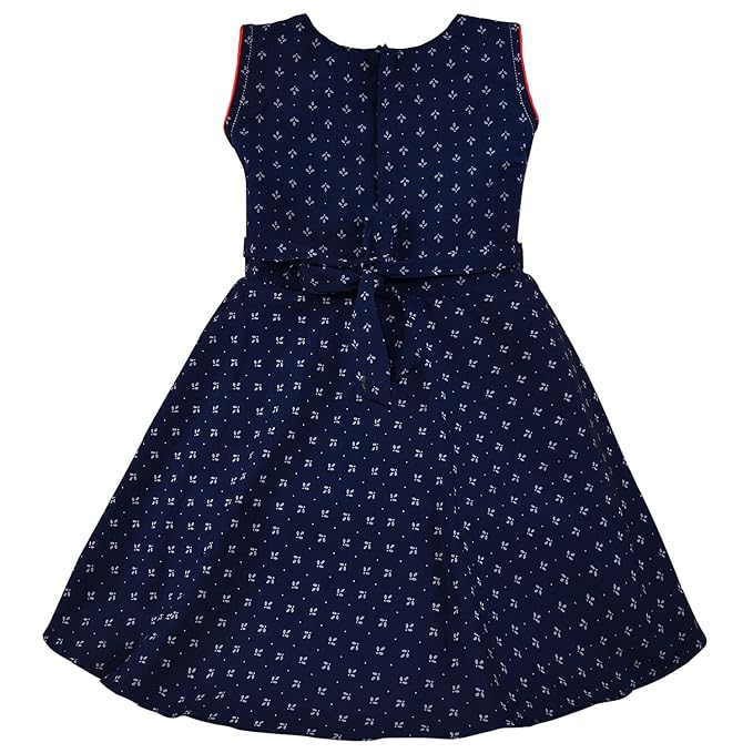 Girls White & Navy Blue Cotton Printed Sleeveless Dress with Floral Detail | Soft & Breathable Kids Casual Party Dress