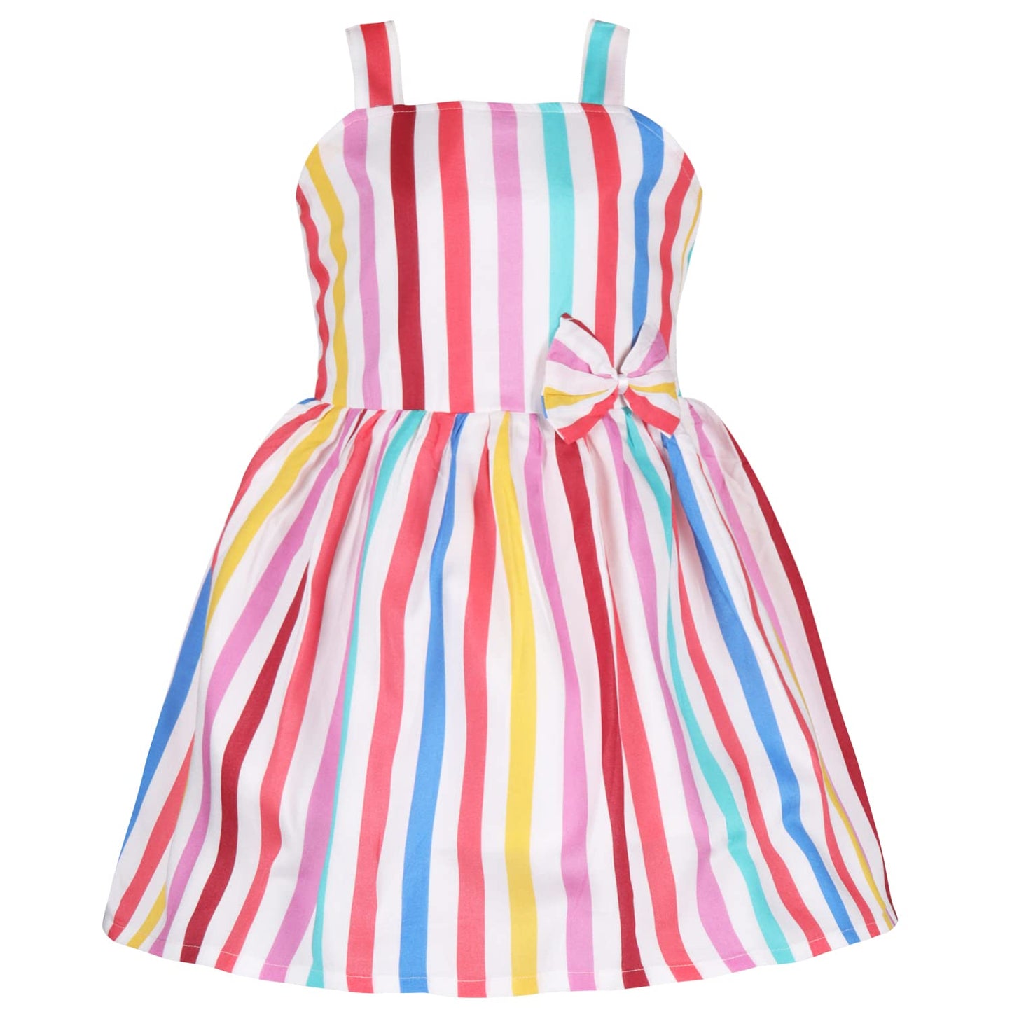 Girls Multicolor Cotton Striped Sleeveless Dress with Bow | Soft & Breathable Kids Casual Party Dress