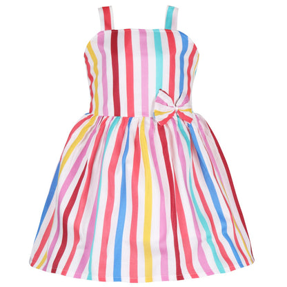 Girls Multicolor Cotton Striped Sleeveless Dress with Bow | Soft & Breathable Kids Casual Party Dress