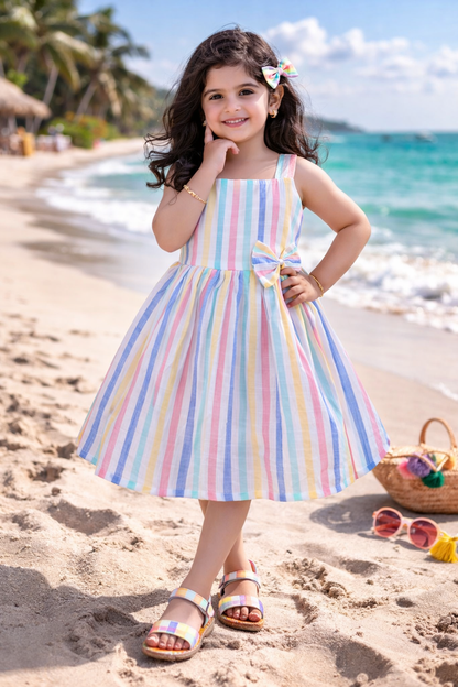 Girls Multicolor Cotton Striped Sleeveless Dress with Bow | Soft & Breathable Kids Casual Party Dress