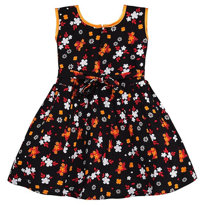 Girls Black Cotton Floral Printed Sleeveless Dress with Bow | Soft & Breathable Kids Casual Party Dress
