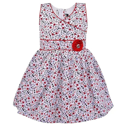 Girls Cotton Printed Party Wear Dress with Stripe Panel & Floral Accent – Soft & Comfortable