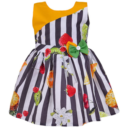 Girls Multicolor Cotton Printed Sleeveless Dress with Bow | Striped Fruit Print Kids Casual Party Dress