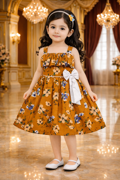 Girls Cotton Floral Printed Party Wear Dress with Bow Detail – Soft & Comfortable