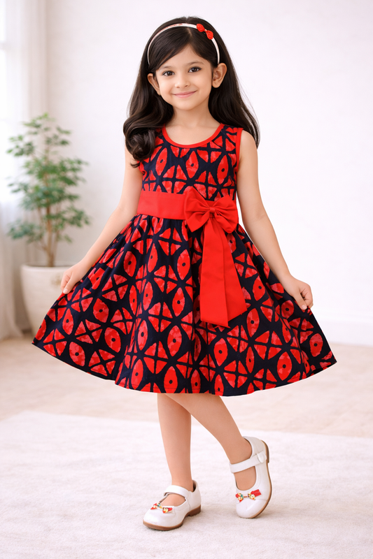 Girls Cotton Printed Party Wear Dress with Bow Belt – Soft, Stylish & Comfortable
