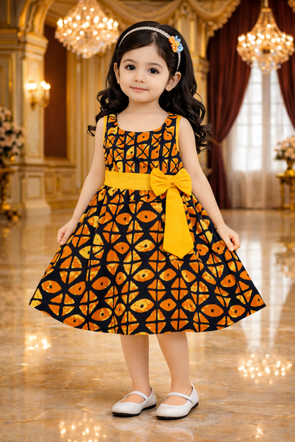 Girls Cotton Printed Party Wear Dress with Bow Belt – Soft, Stylish & Comfortable