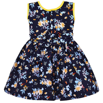 Girls Navy Blue Cotton Floral Printed Sleeveless Dress with Bow Detail | Soft & Breathable Kids Casual Party Dress