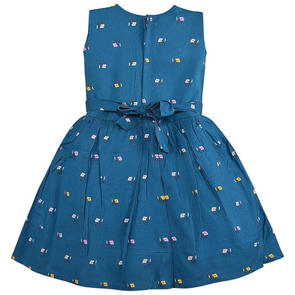 Girls Blue Floral Printed Cotton Sleeveless Dress with White Waist Belt & Bow