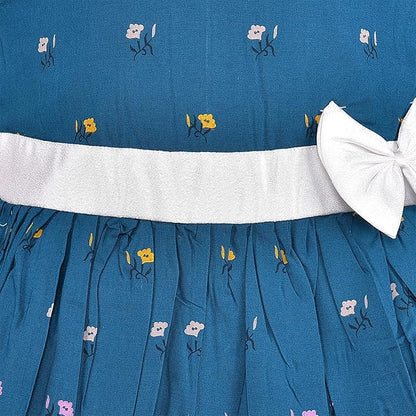 Girls Blue Floral Printed Cotton Sleeveless Dress with White Waist Belt & Bow