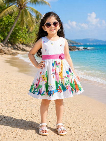 Girls White Jungle Print Cotton Sleeveless Dress with Pink Waist Belt