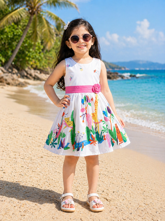 Girls White Jungle Print Cotton Sleeveless Dress with Pink Waist Belt